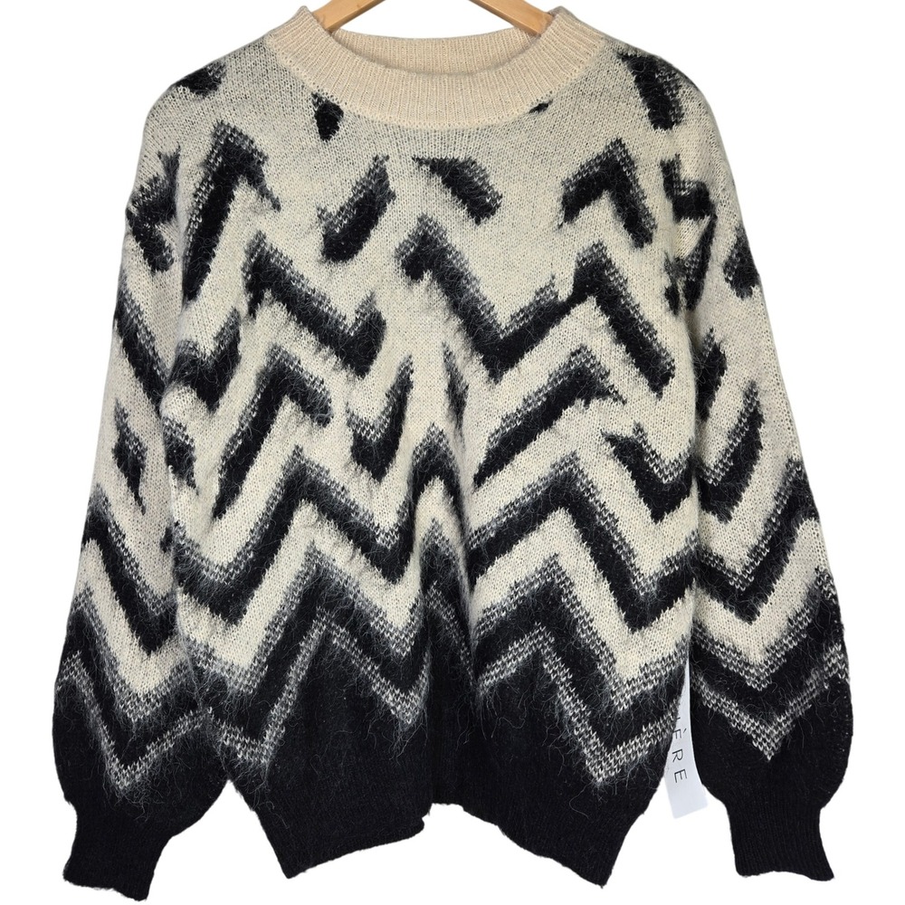 Lumiere Zigzag Chevron Mohair Wool Blend Knit Sweater Size S Beige Black